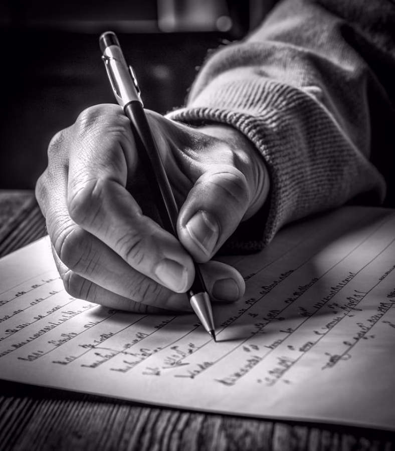 Photographie d’une main écrivant sur une feuille